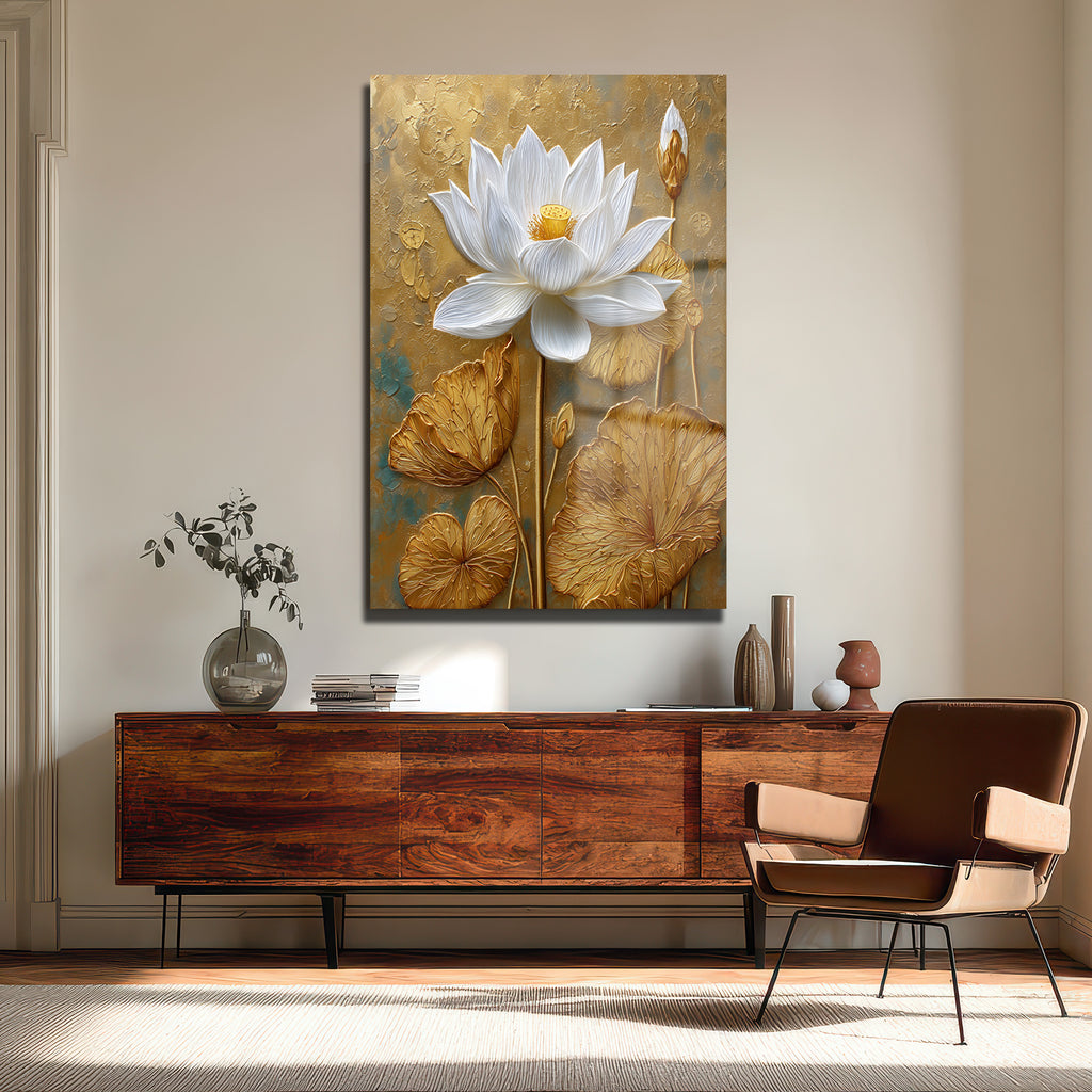 Zarafet ve Işıltı: Beyaz Lotus ve Altın Dokulu Modern Cam Tablo