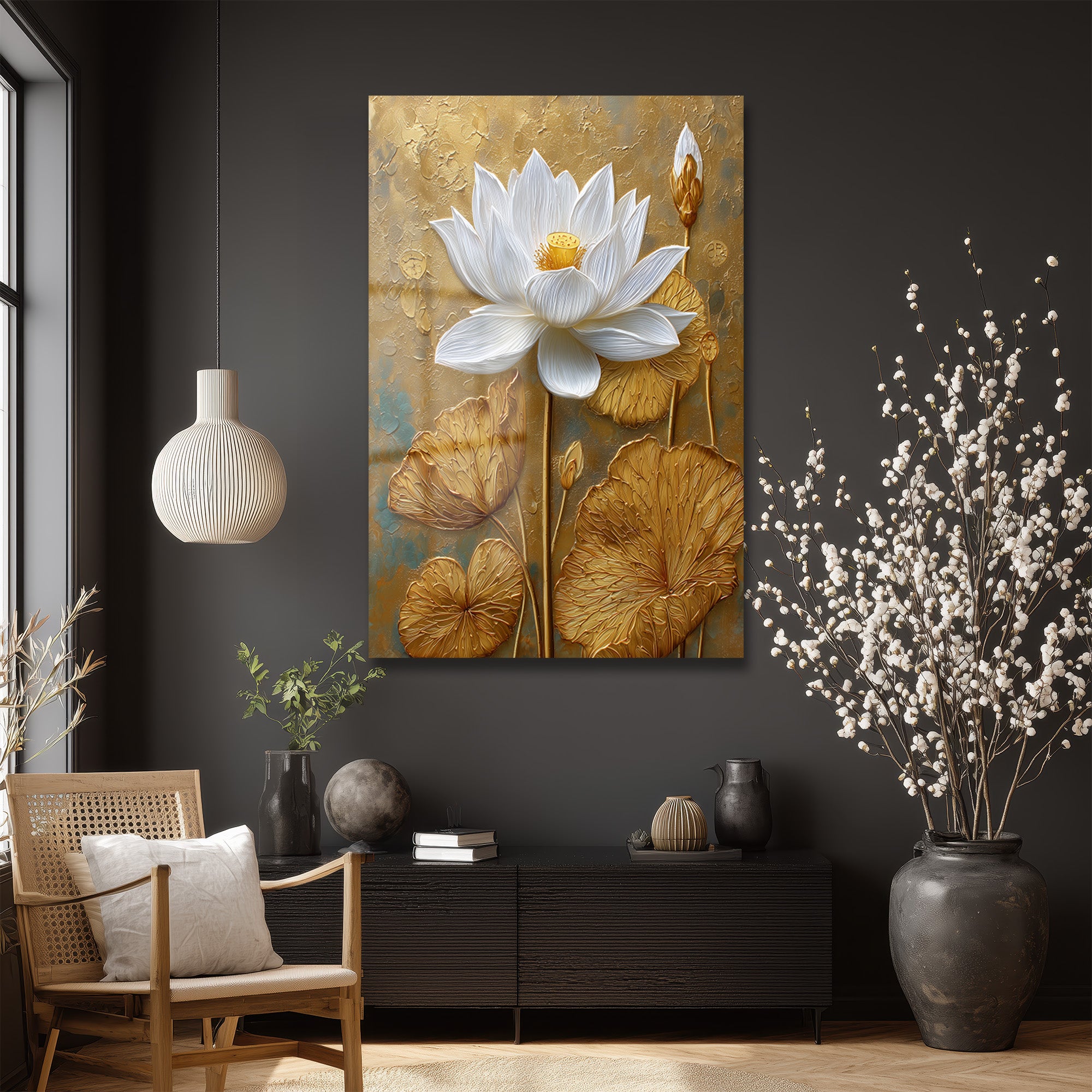 Zarafet ve Işıltı: Beyaz Lotus ve Altın Dokulu Modern Cam Tablo