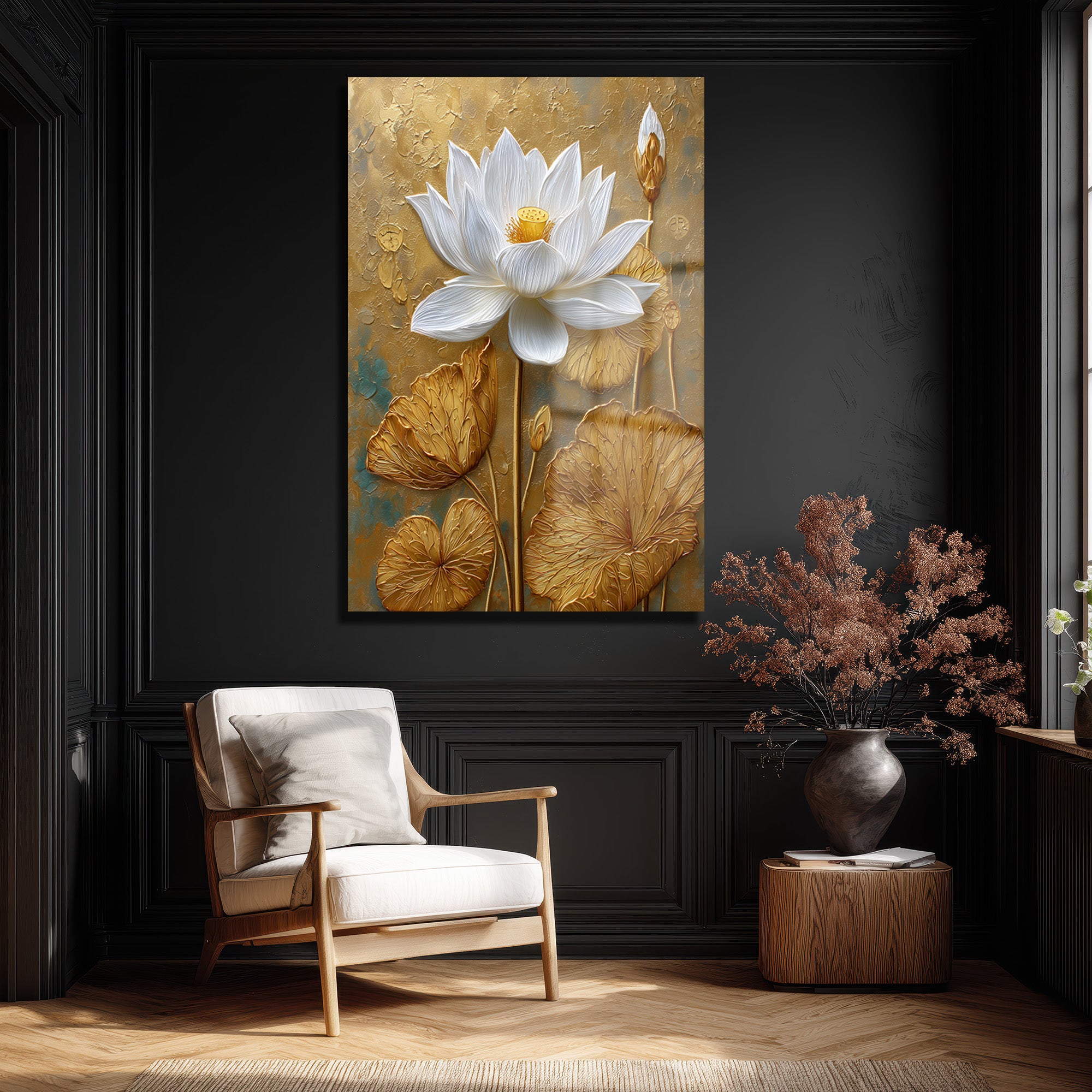 Zarafet ve Işıltı: Beyaz Lotus ve Altın Dokulu Modern Cam Tablo