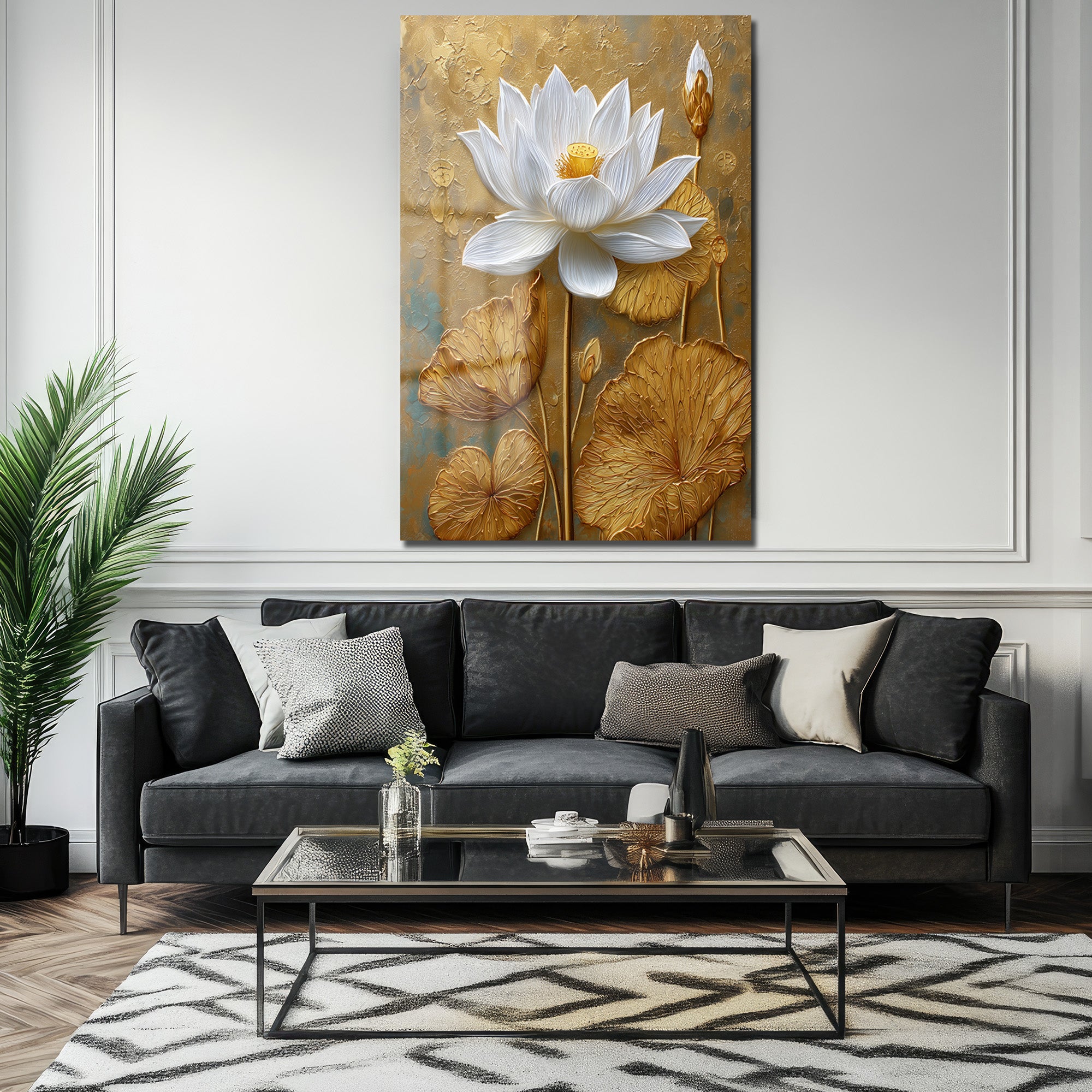 Zarafet ve Işıltı: Beyaz Lotus ve Altın Dokulu Modern Cam Tablo
