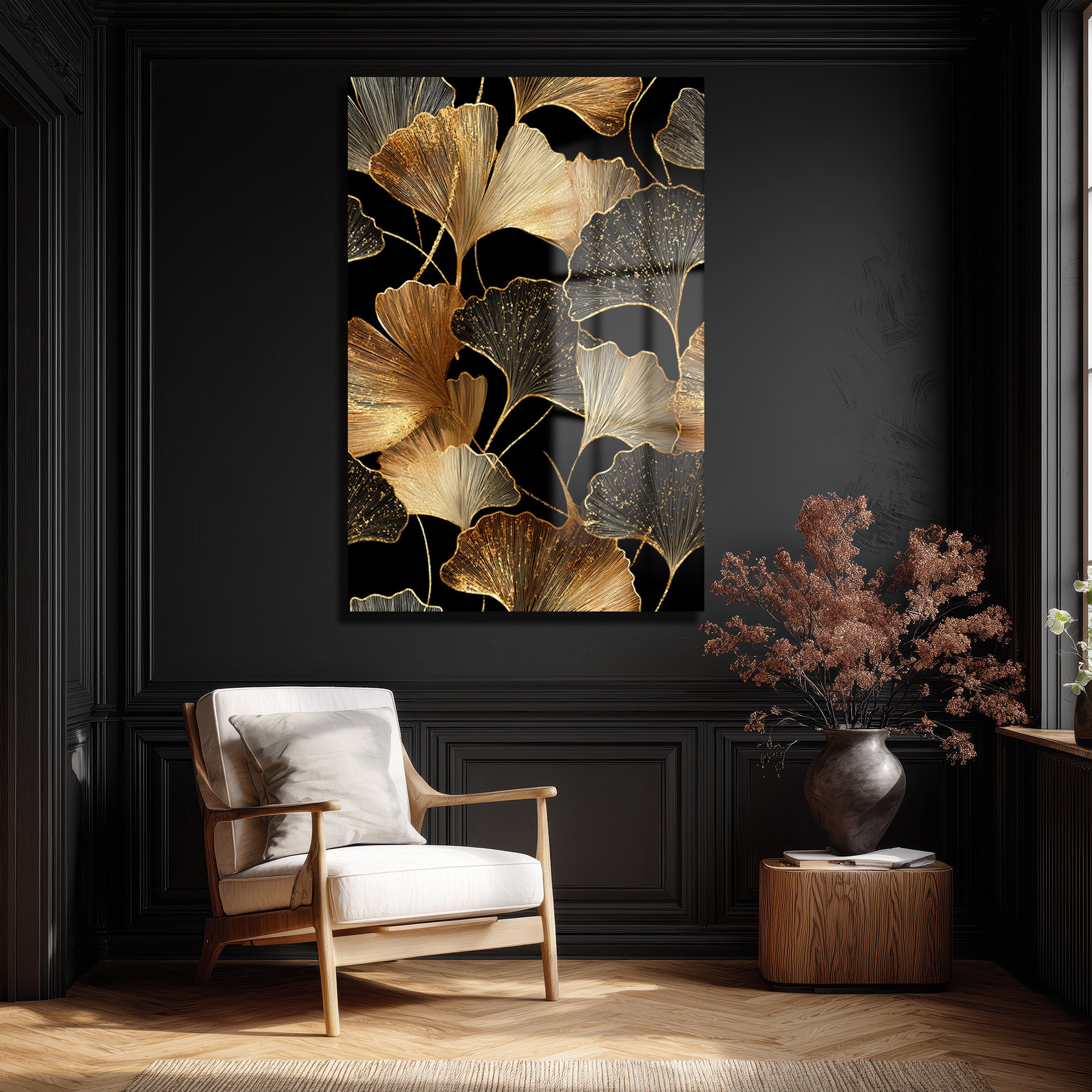 Ginkgo Işıltısı: Altın Yapraklı Modern Dekoratif Cam Tablo