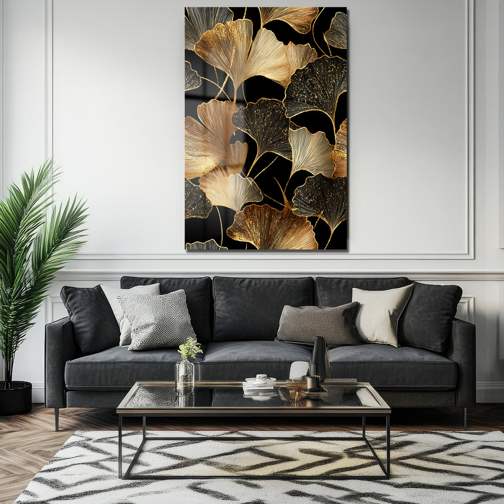 Ginkgo Işıltısı: Altın Yapraklı Modern Dekoratif Cam Tablo