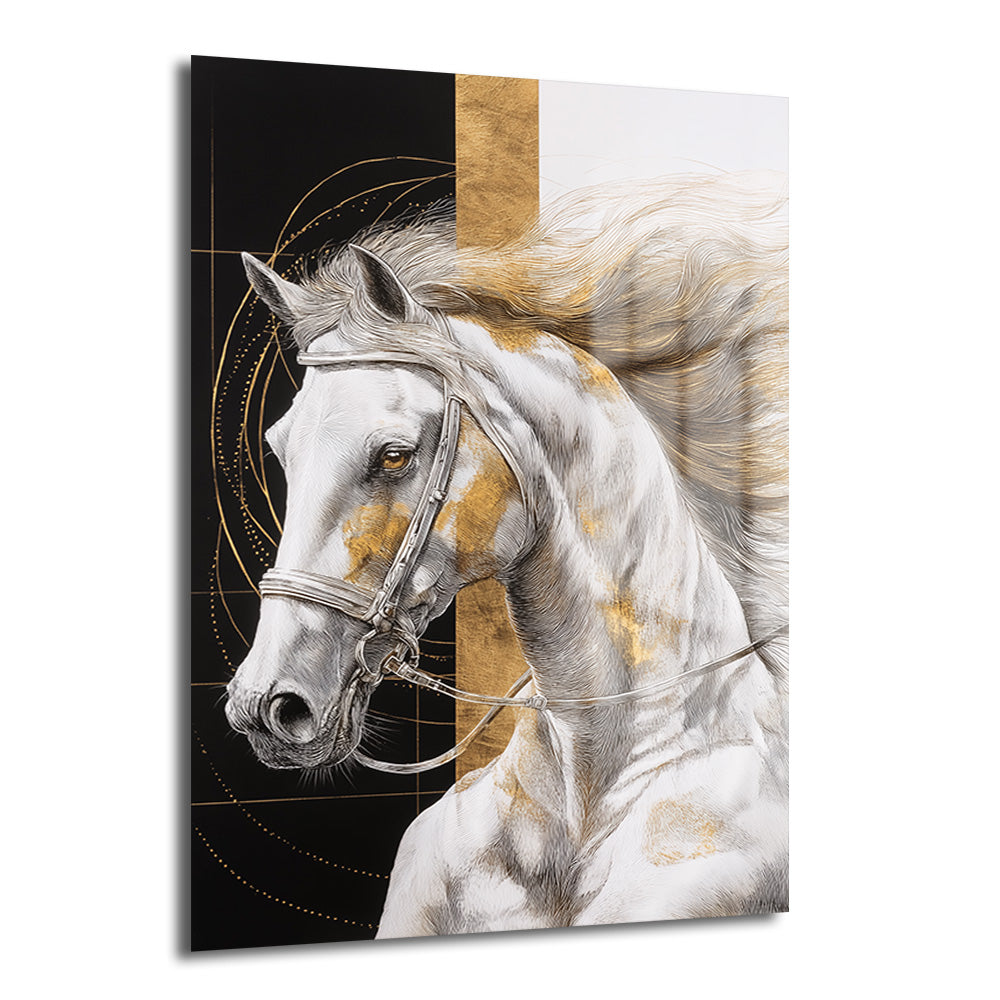 Siyah ve beyaz fon üzerinde altın detaylarla bezenmiş, zarif bir dizgin takan beyaz atın başını gösteren modern temperli cam tablo, lüks salon ve ofis duvar dekorasyonu için ideal bir seçim.