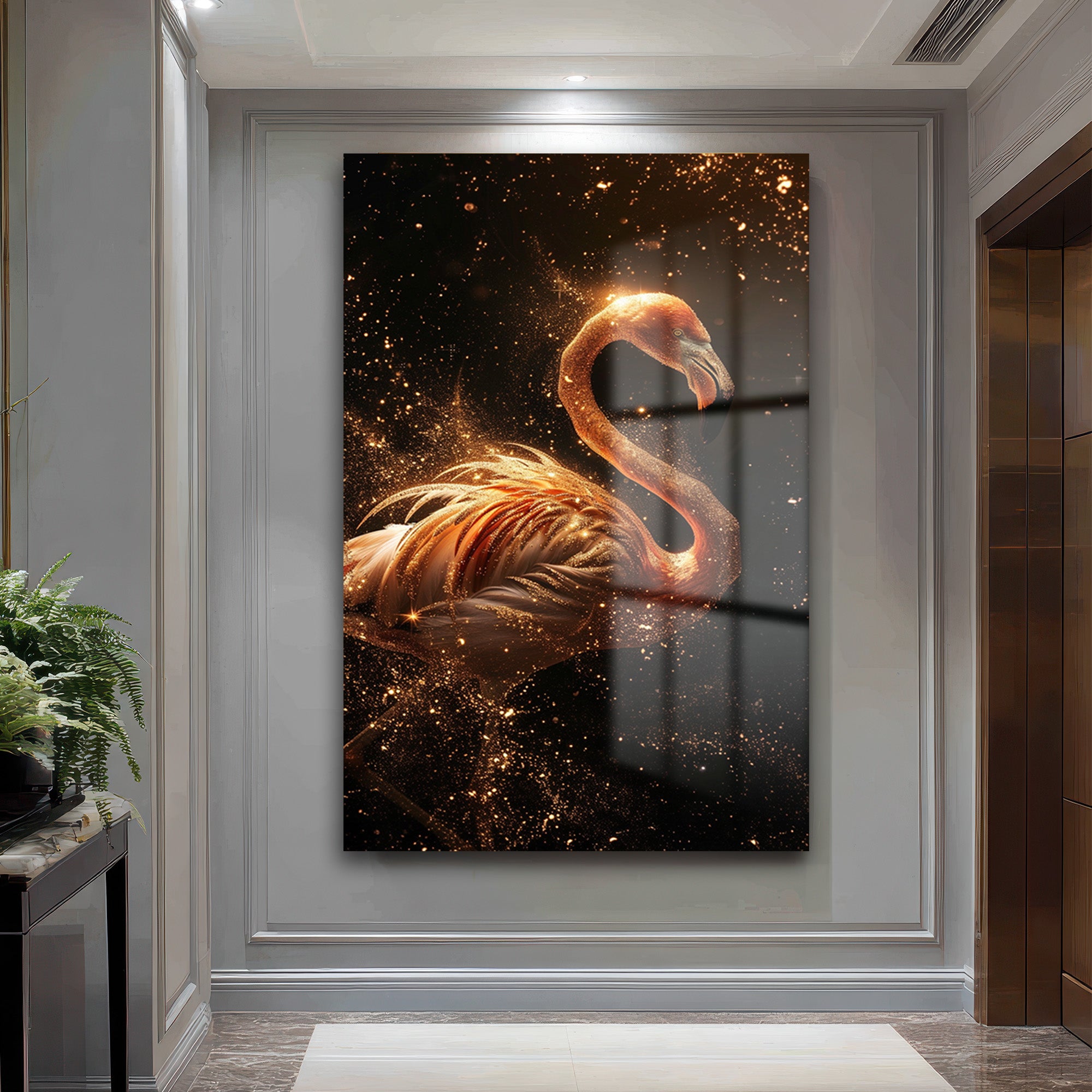 Altın Işıltılı Flamingo: Büyüleyici Temperli Cam Tablo