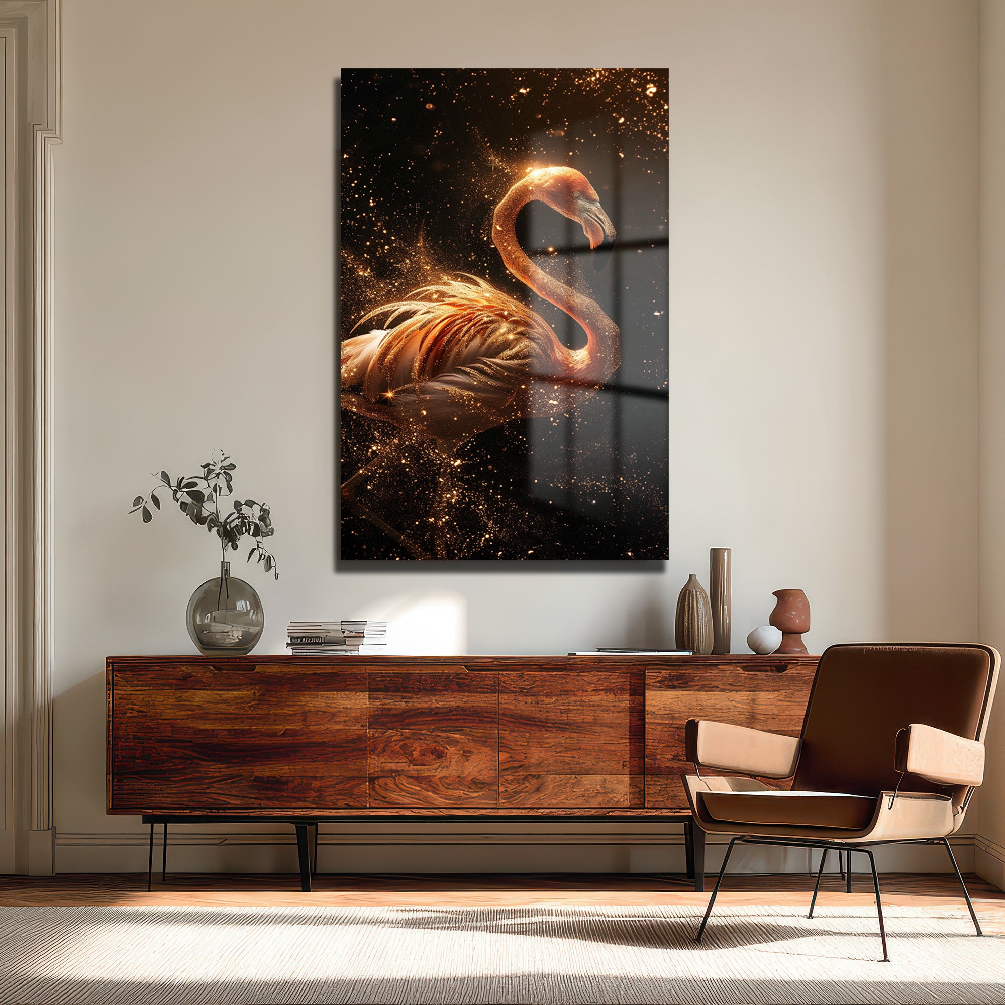 Altın Işıltılı Flamingo: Büyüleyici Temperli Cam Tablo