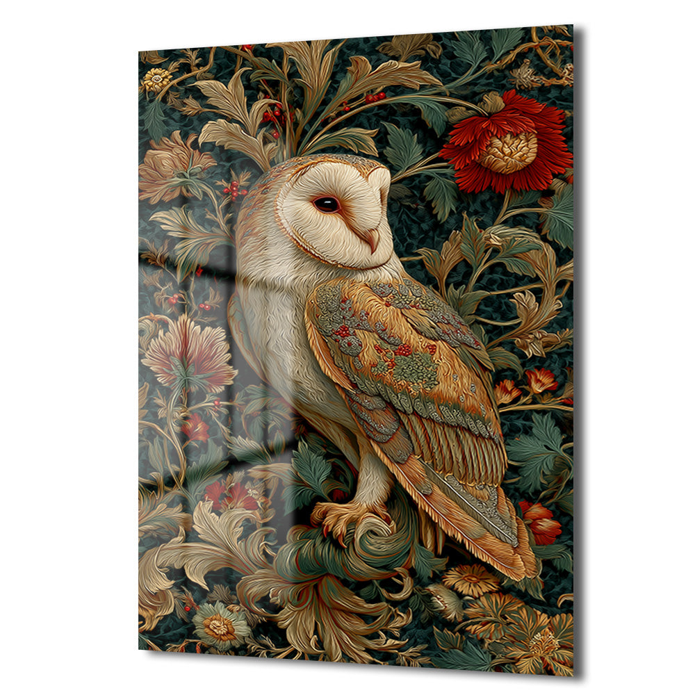 Gizemli Baykuş: William Morris Tarzı Botanik Desenli Temperli Cam Tablo