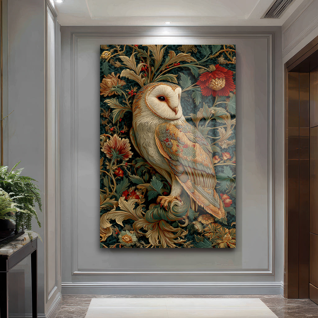 Gizemli Baykuş: William Morris Tarzı Botanik Desenli Temperli Cam Tablo