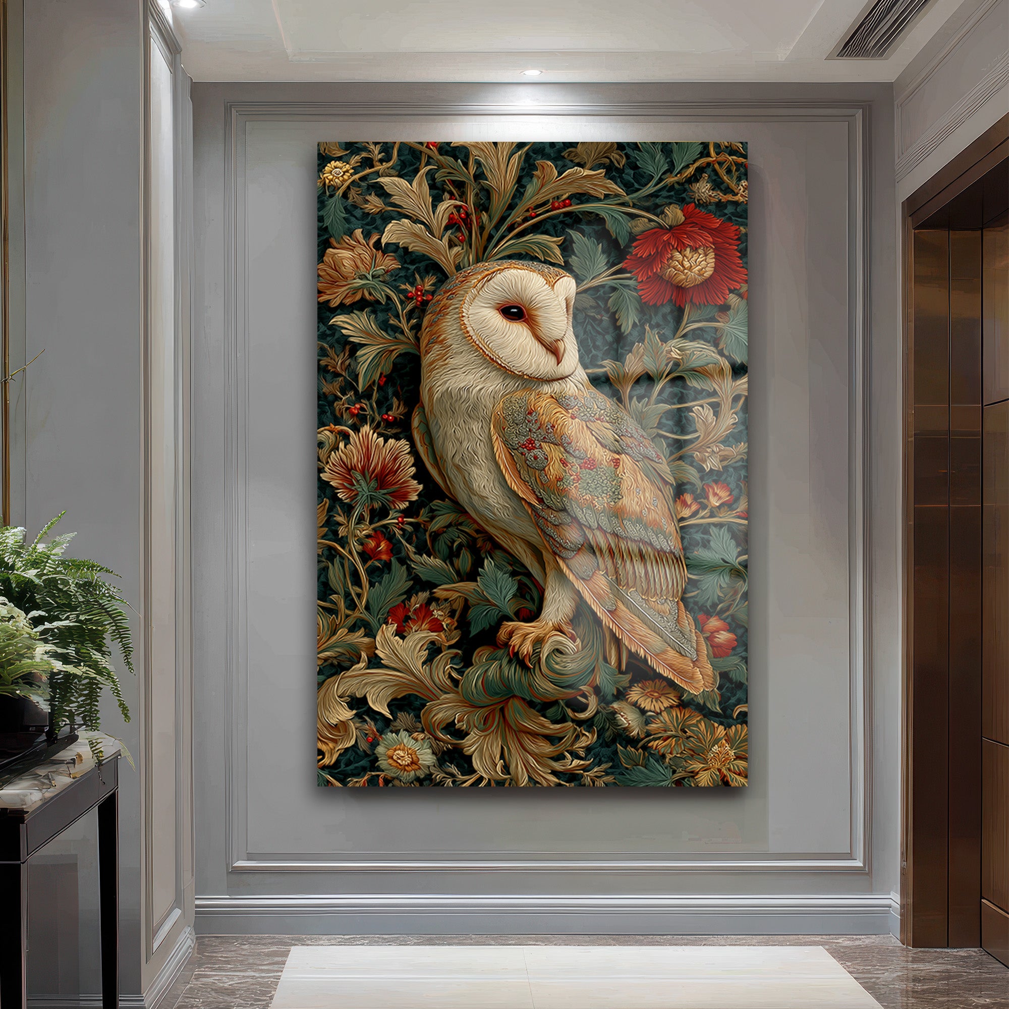 Gizemli Baykuş: William Morris Tarzı Botanik Desenli Temperli Cam Tablo