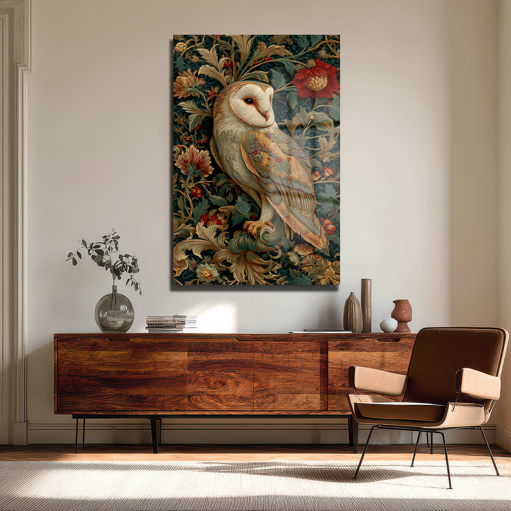 Gizemli Baykuş: William Morris Tarzı Botanik Desenli Temperli Cam Tablo