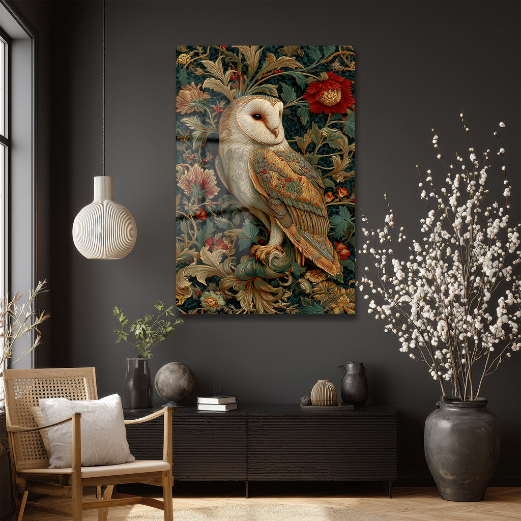 Gizemli Baykuş: William Morris Tarzı Botanik Desenli Temperli Cam Tablo