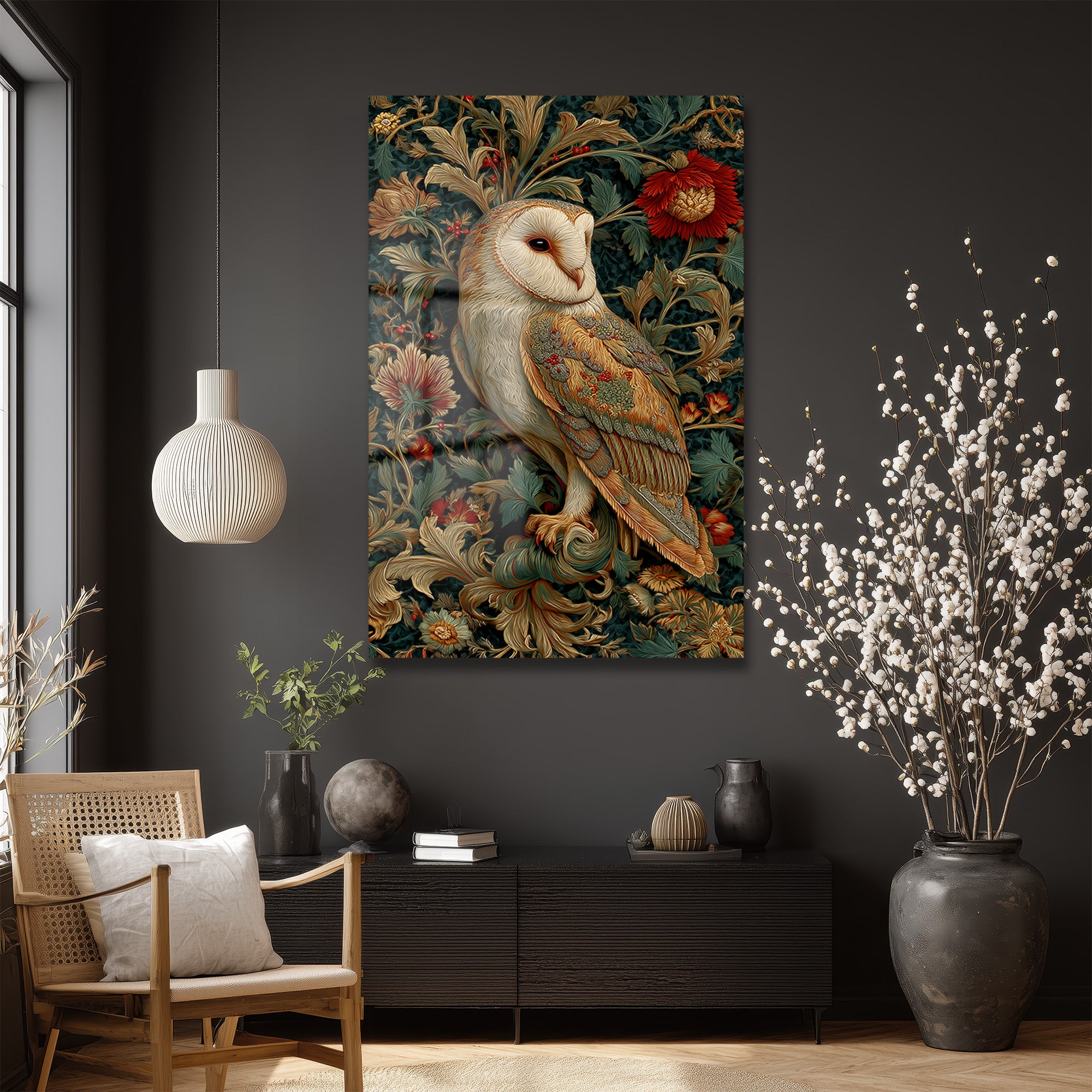 Gizemli Baykuş: William Morris Tarzı Botanik Desenli Temperli Cam Tablo