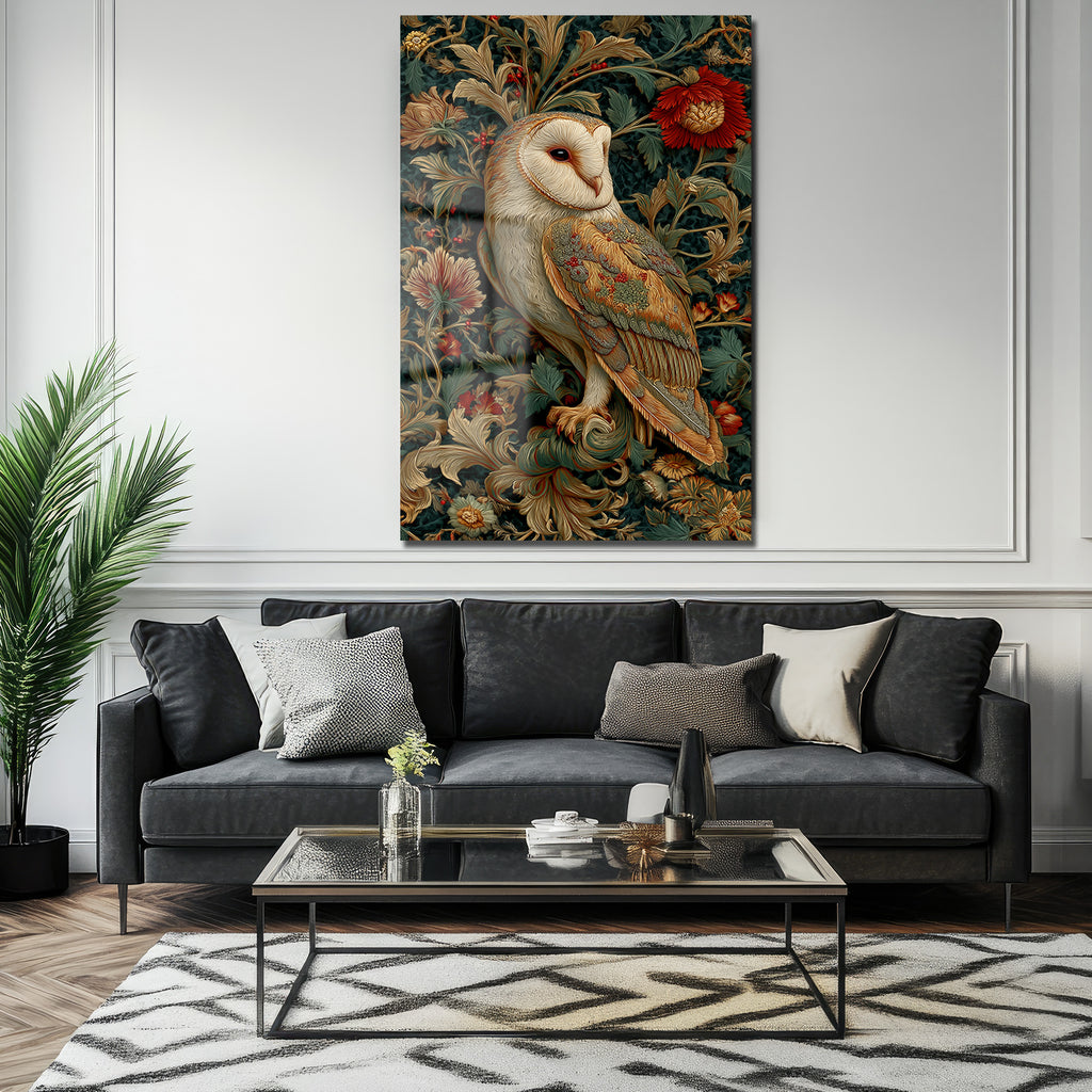Gizemli Baykuş: William Morris Tarzı Botanik Desenli Temperli Cam Tablo