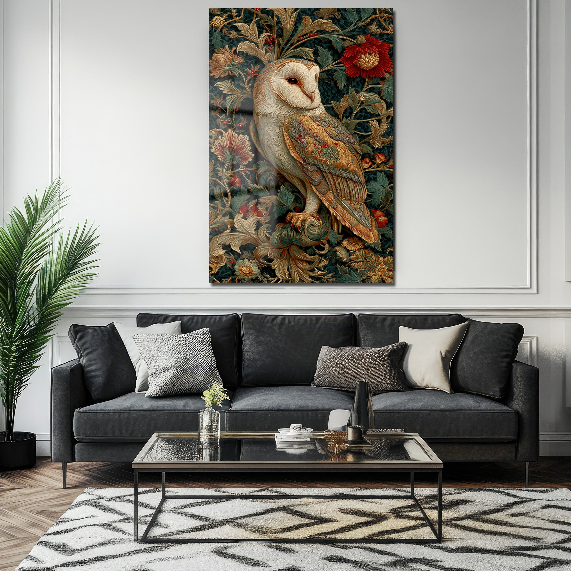 Gizemli Baykuş: William Morris Tarzı Botanik Desenli Temperli Cam Tablo