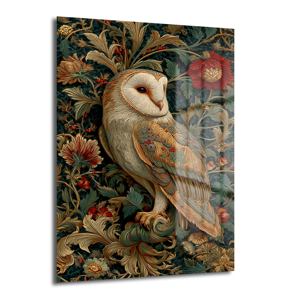 Koyu yeşil ve bordo tonlarında, William Morris tarzı detaylı botanik desenler üzerinde duran, krem ve kahverengi tüylere sahip zarif bir peçeli baykuşun yer aldığı parlak temperli cam tablo, salon ve antre dekorasyonu için ideal.