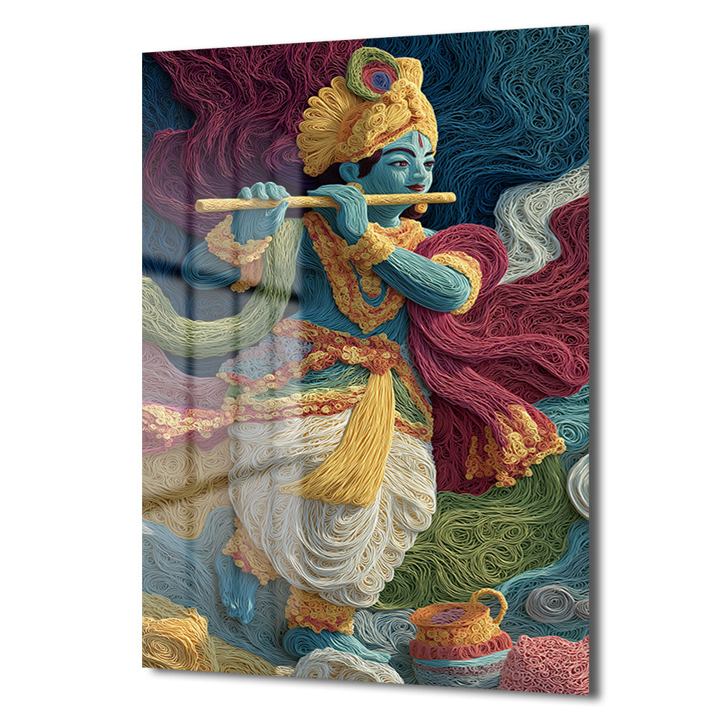 İlahi Melodi: Quilling Sanatı Krishna Dekoratif Cam Tablo