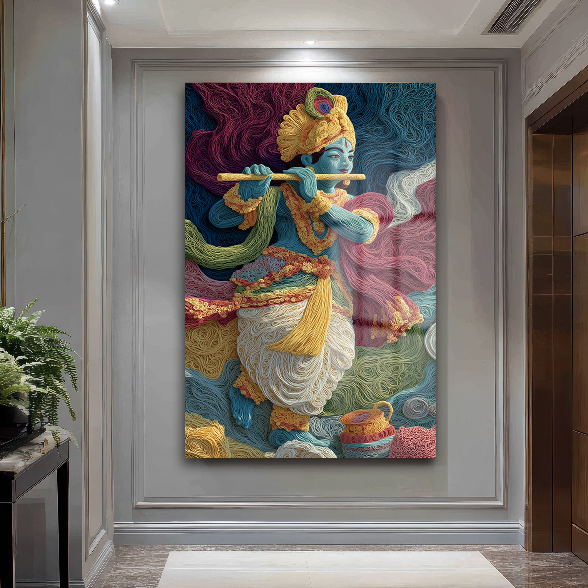 İlahi Melodi: Quilling Sanatı Krishna Dekoratif Cam Tablo