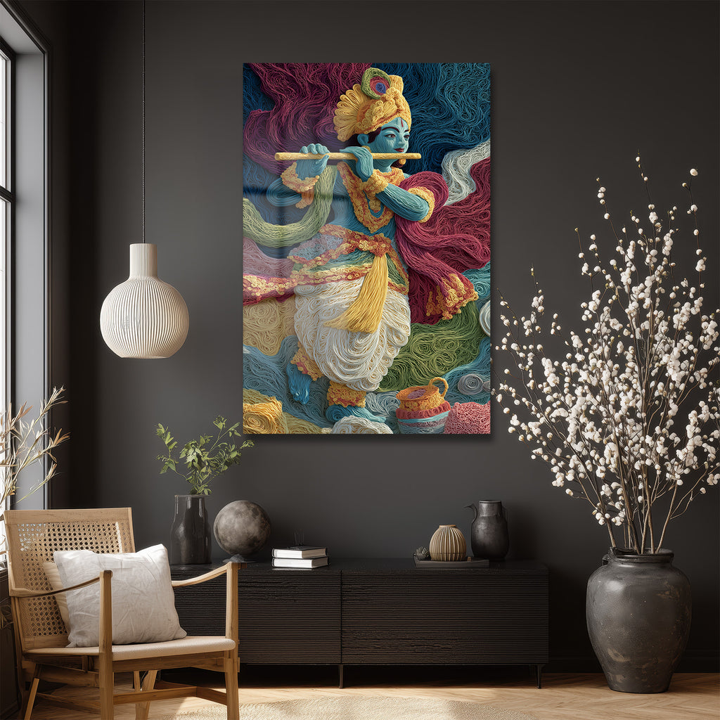 İlahi Melodi: Quilling Sanatı Krishna Dekoratif Cam Tablo
