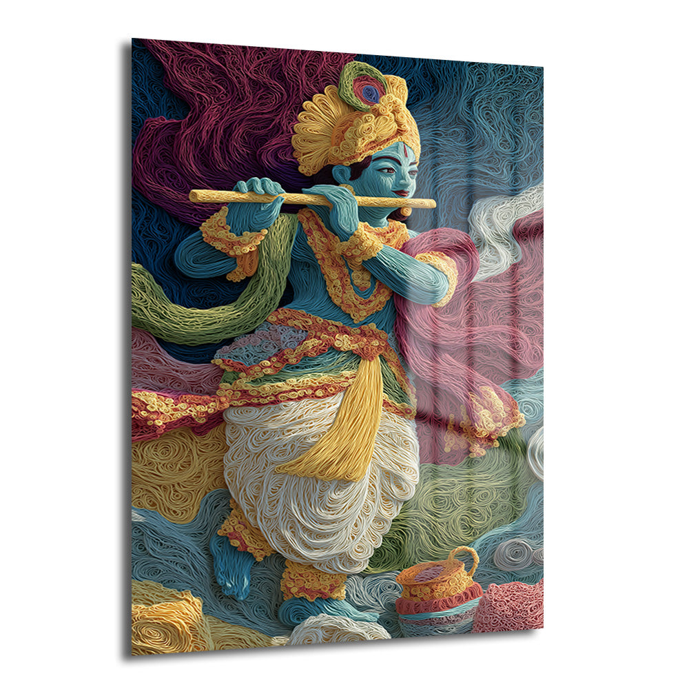 Quilling sanatı tekniğiyle yapılmış, mavi tenli Lord Krishna'nın flüt çalarken tasvir edildiği renkli ve detaylı temperli cam tablo, salon duvar dekorasyonu için ideal.