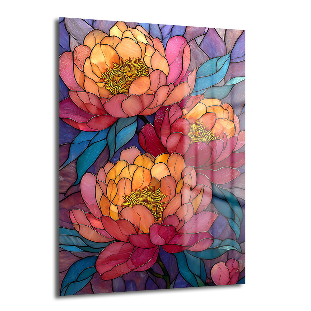 Canlı turuncu, pembe, mor ve mavi tonlarında vitray tarzı şakayık çiçekleri desenli, modern salonlar için ideal temperli cam tablo.