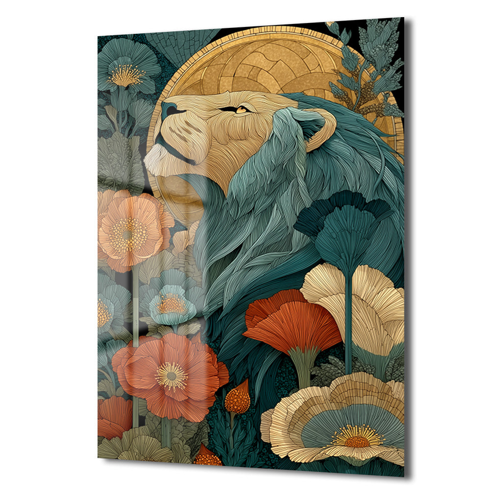 Görkemli Aslan: Art Nouveau Botanik Desenli Dekoratif Cam Tablo