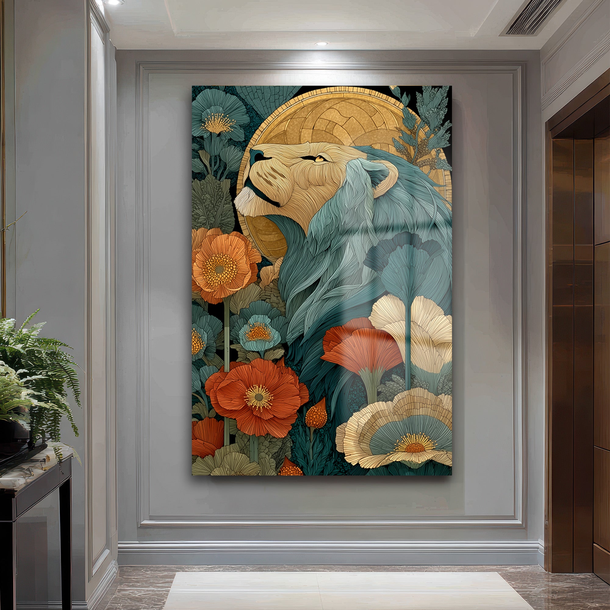 Görkemli Aslan: Art Nouveau Botanik Desenli Dekoratif Cam Tablo