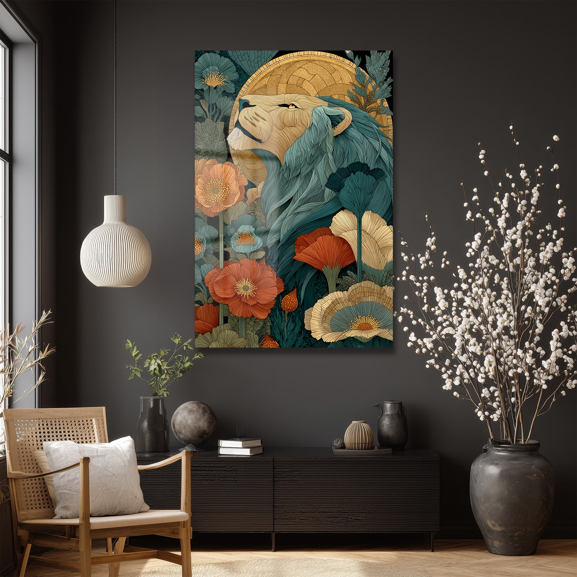 Görkemli Aslan: Art Nouveau Botanik Desenli Dekoratif Cam Tablo
