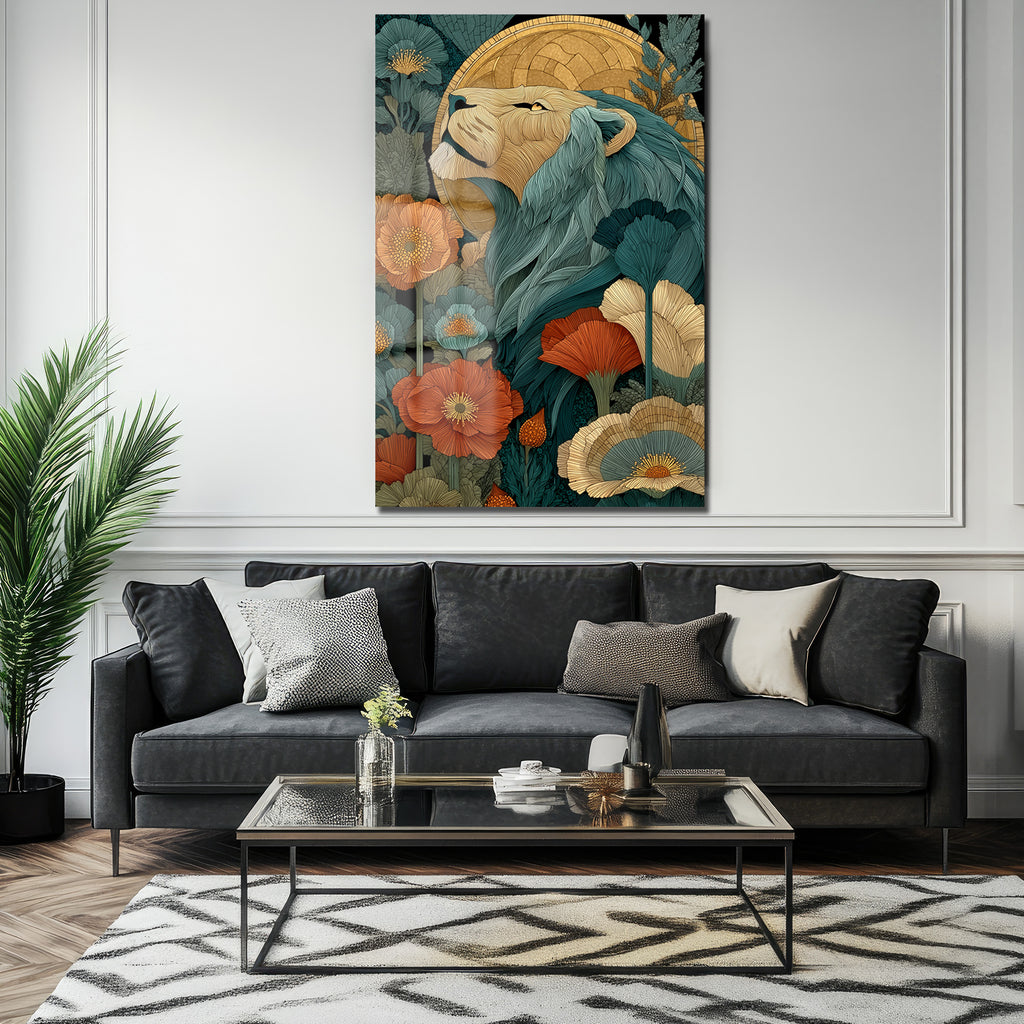 Görkemli Aslan: Art Nouveau Botanik Desenli Dekoratif Cam Tablo