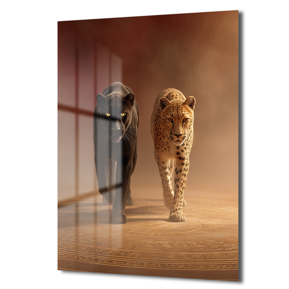 İki Ruhun Dansı: Panter ve Leopar Temalı Temperli Cam Tablo