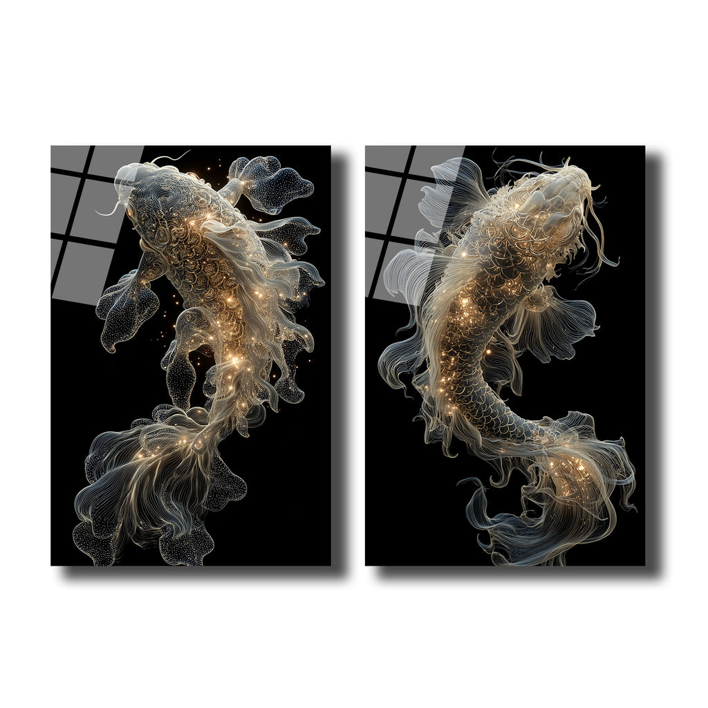 Ethereal Koi Balıkları Cam Tablo | Işıltılı Modern Duvar Sanatı