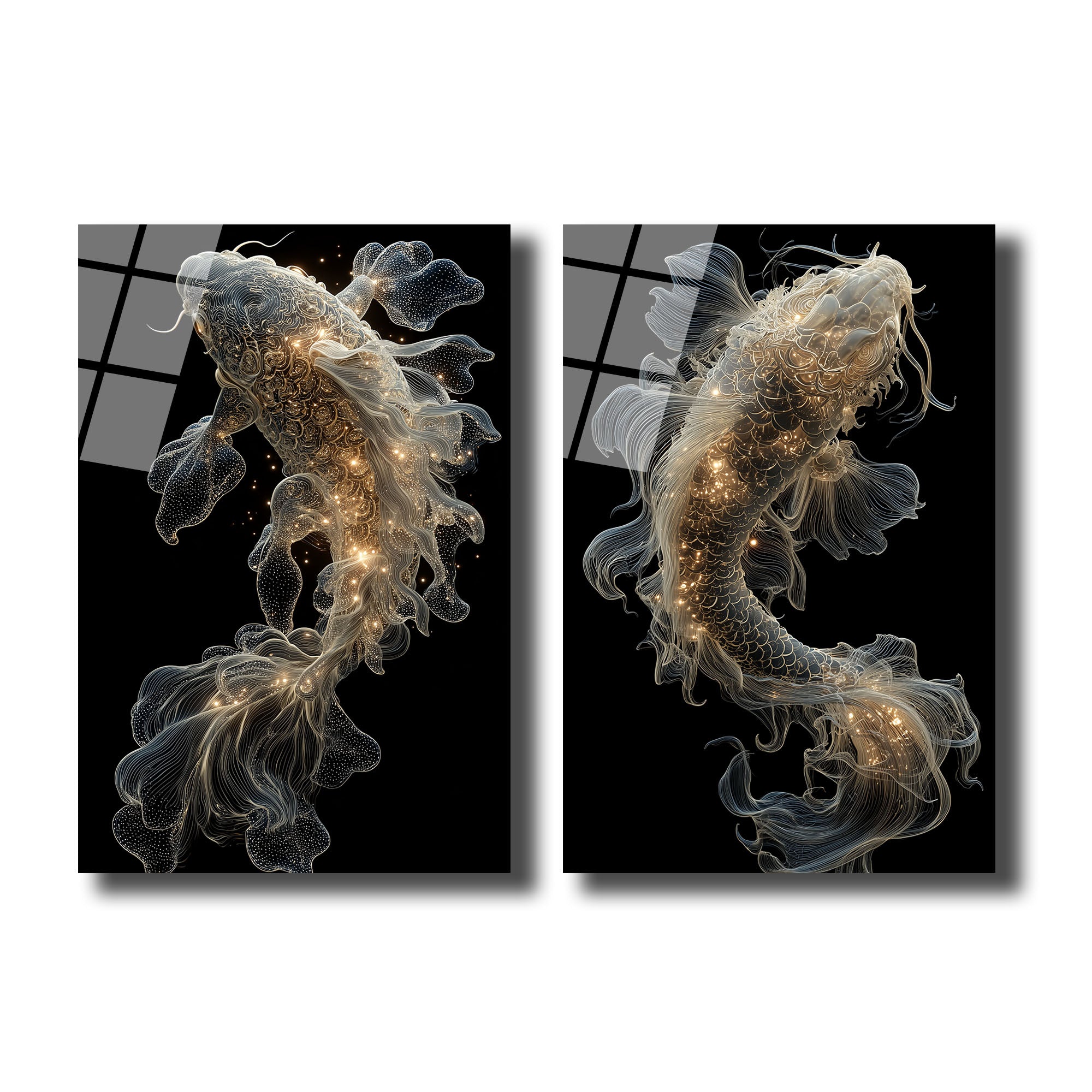 Ethereal Koi Balıkları Cam Tablo | Işıltılı Modern Duvar Sanatı