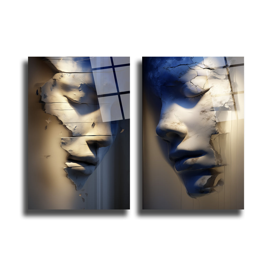 Çatlak Yüzler Temalı Modern Sanat Duvar Cam Tablo