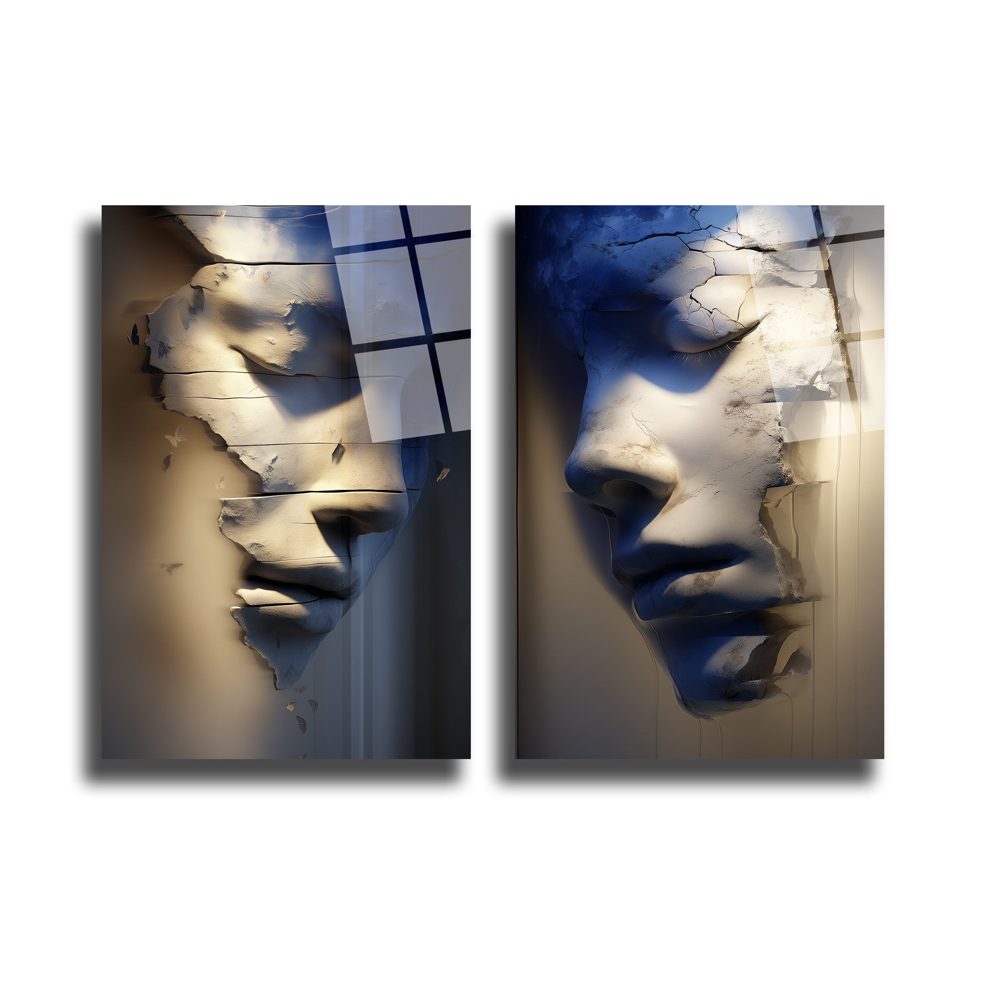 Çatlak Yüzler Temalı Modern Sanat Duvar Cam Tablo