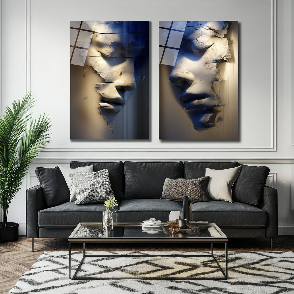 Çatlak Yüzler Temalı Modern Sanat Duvar Cam Tablo