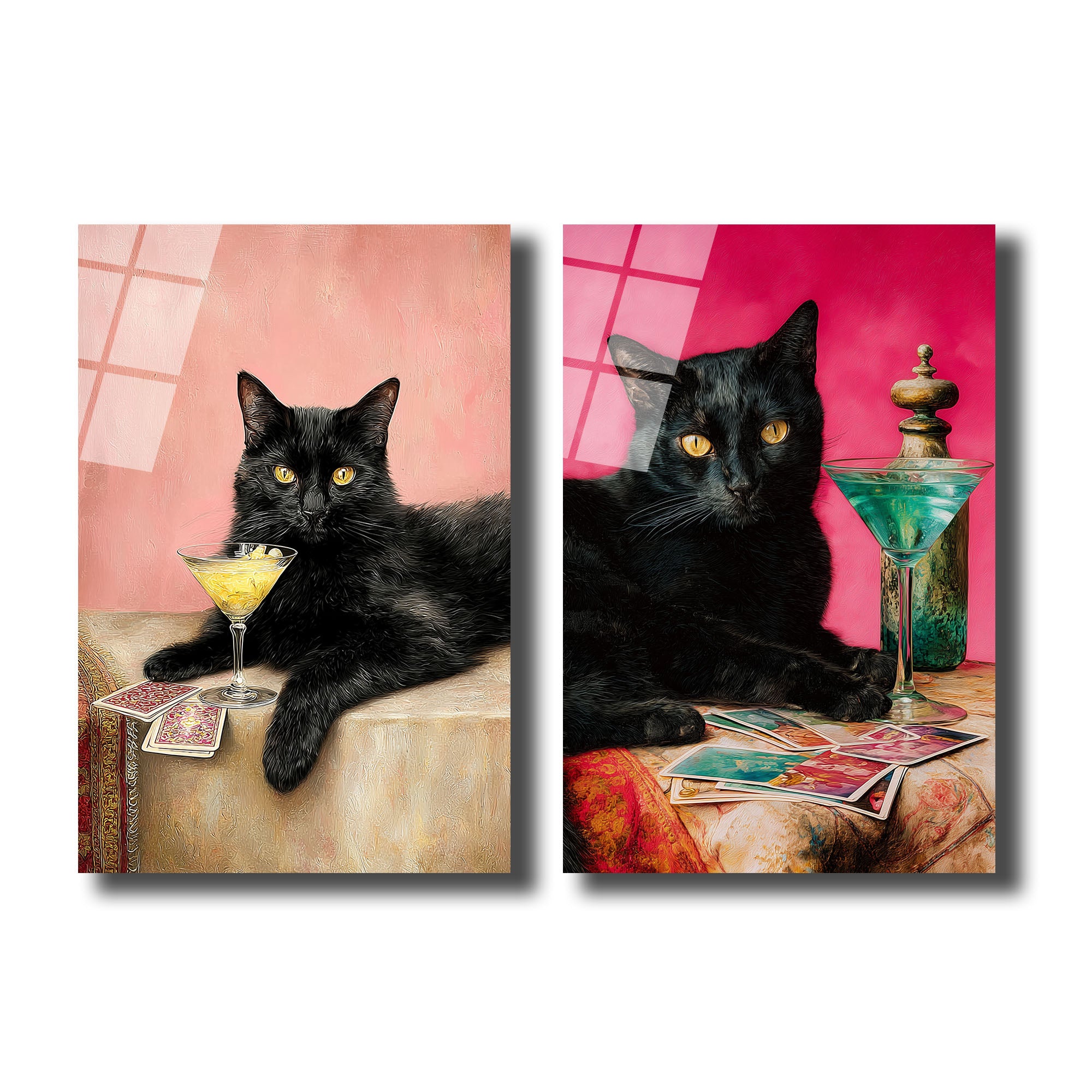 Gizemli Kara Kedi ve Sarı Kokteyl Cam Tablo