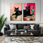 Gizemli Kara Kedi ve Sarı Kokteyl Cam Tablo