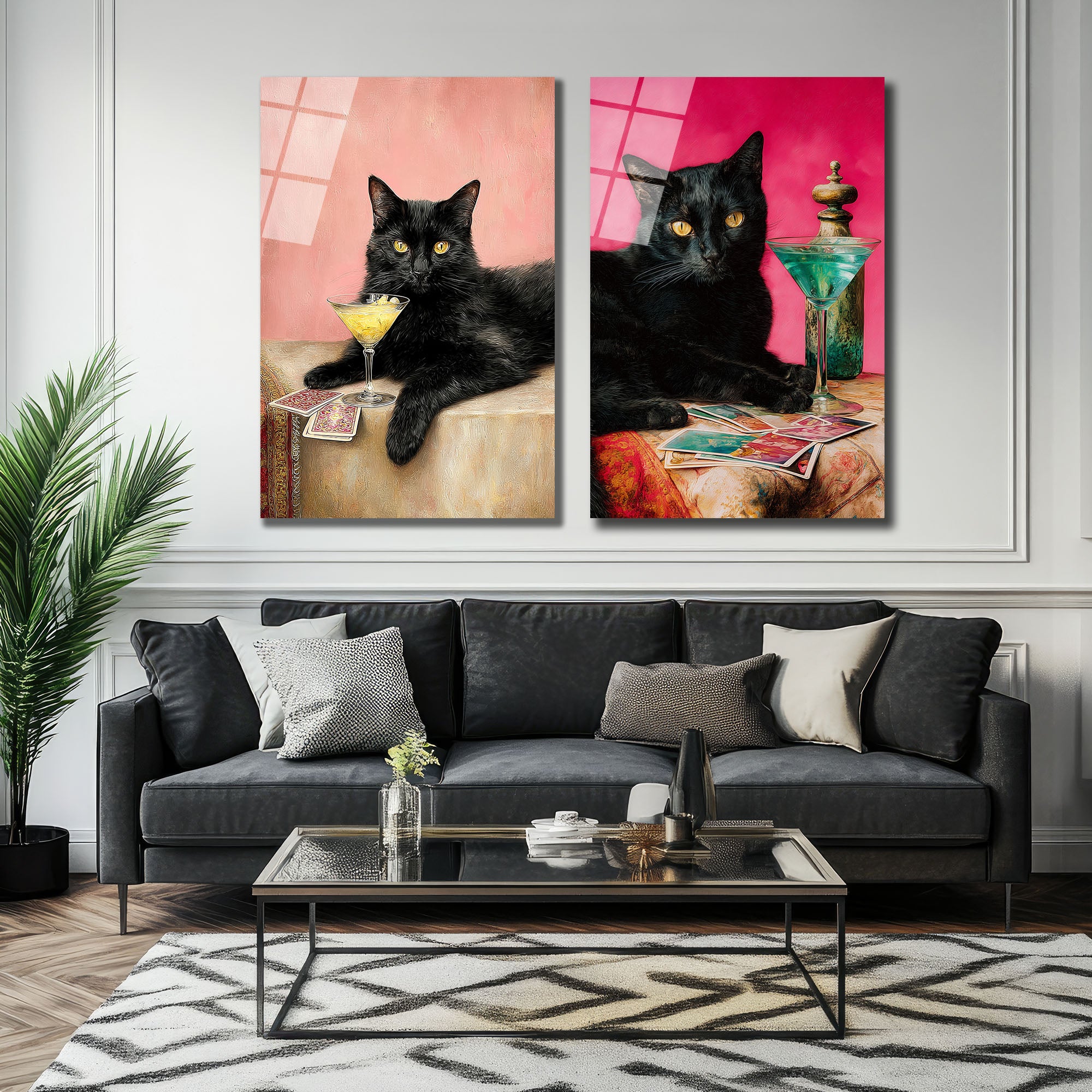 Gizemli Kara Kedi ve Sarı Kokteyl Cam Tablo