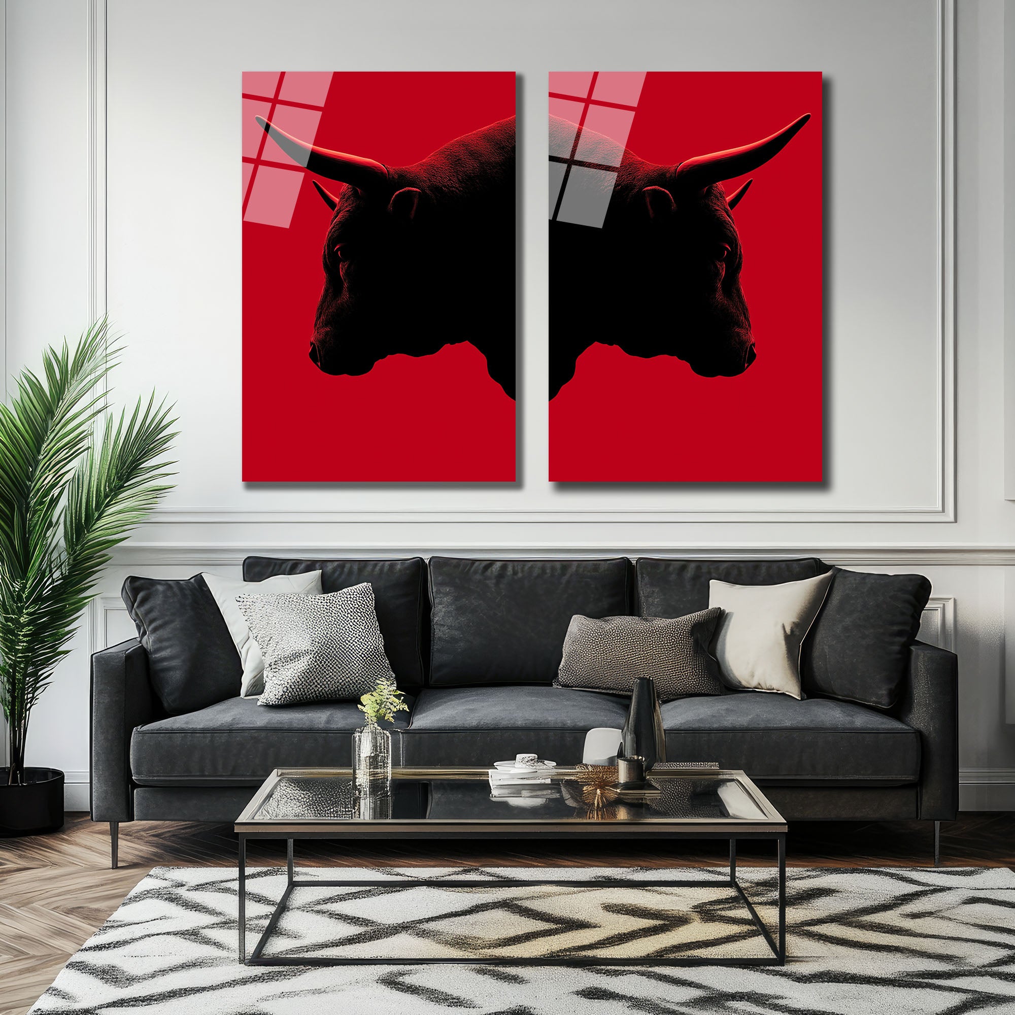 Boğa Gücü Kırmızı Detaylı İkili Cam Tablo - Modern Sanatın Cesur Hali