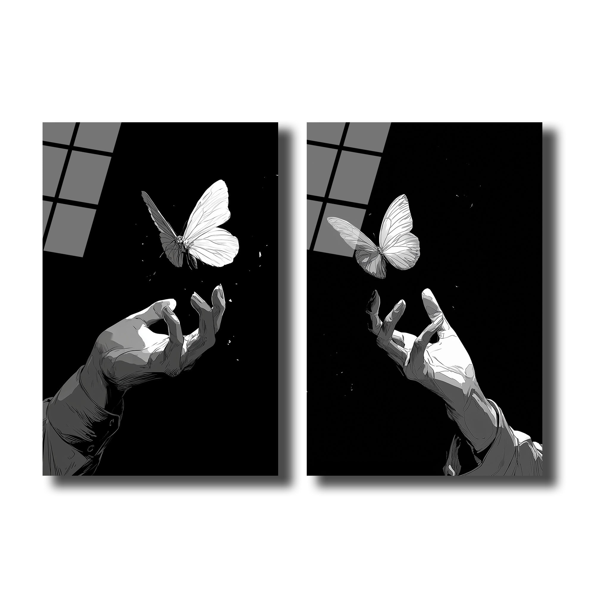 Siyah bir zeminde, iki ayrı cam tablo panelinde birbirine uzanan eller ve üzerlerinde uçuşan beyaz kelebekler. Minimalist ve yüksek kontrastlı bir görsel.