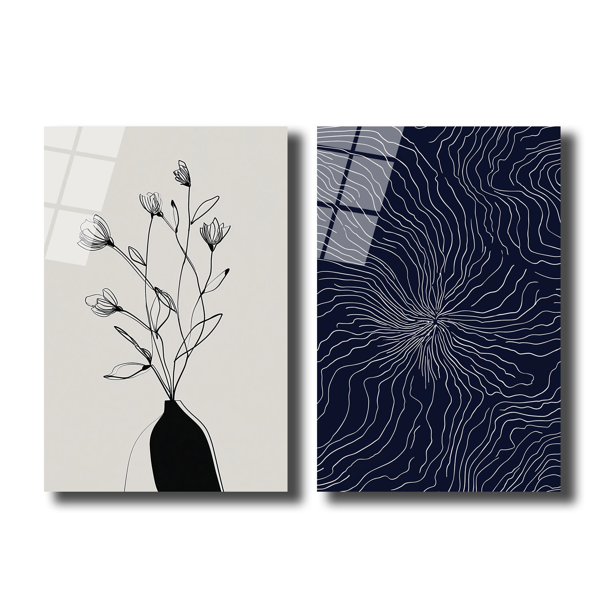 Minimalist Çiçek ve Soyut Desen Sanat Cam Tablo Seti