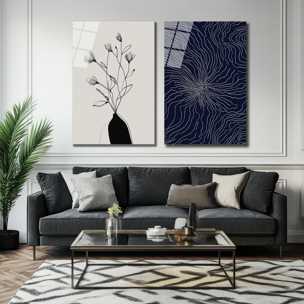 Minimalist Çiçek ve Soyut Desen Sanat Cam Tablo Seti