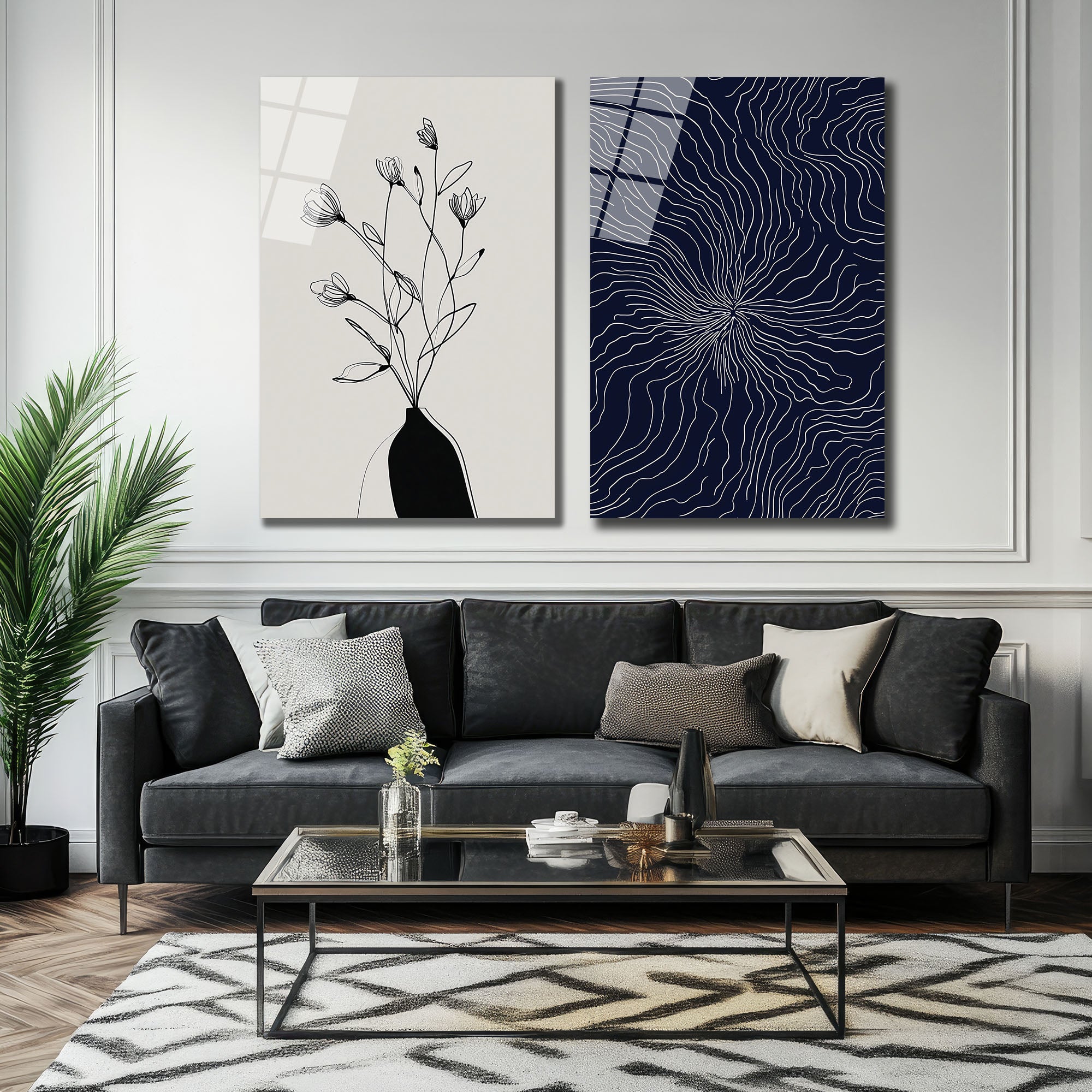 Minimalist Çiçek ve Soyut Desen Sanat Cam Tablo Seti