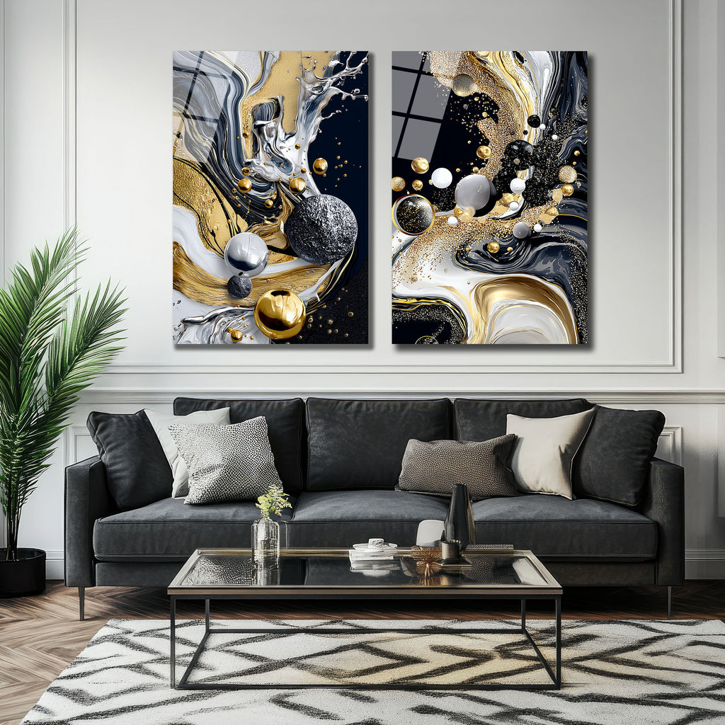 Opulent Altın Siyah Beyaz Mermer Efektli Modern Cam Tablo Seti