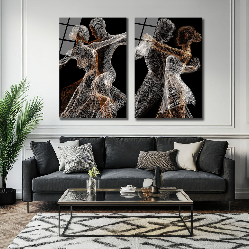 Tutkulu Dans Figürleri Soyut Çizgisel Sanat Cam Tablo