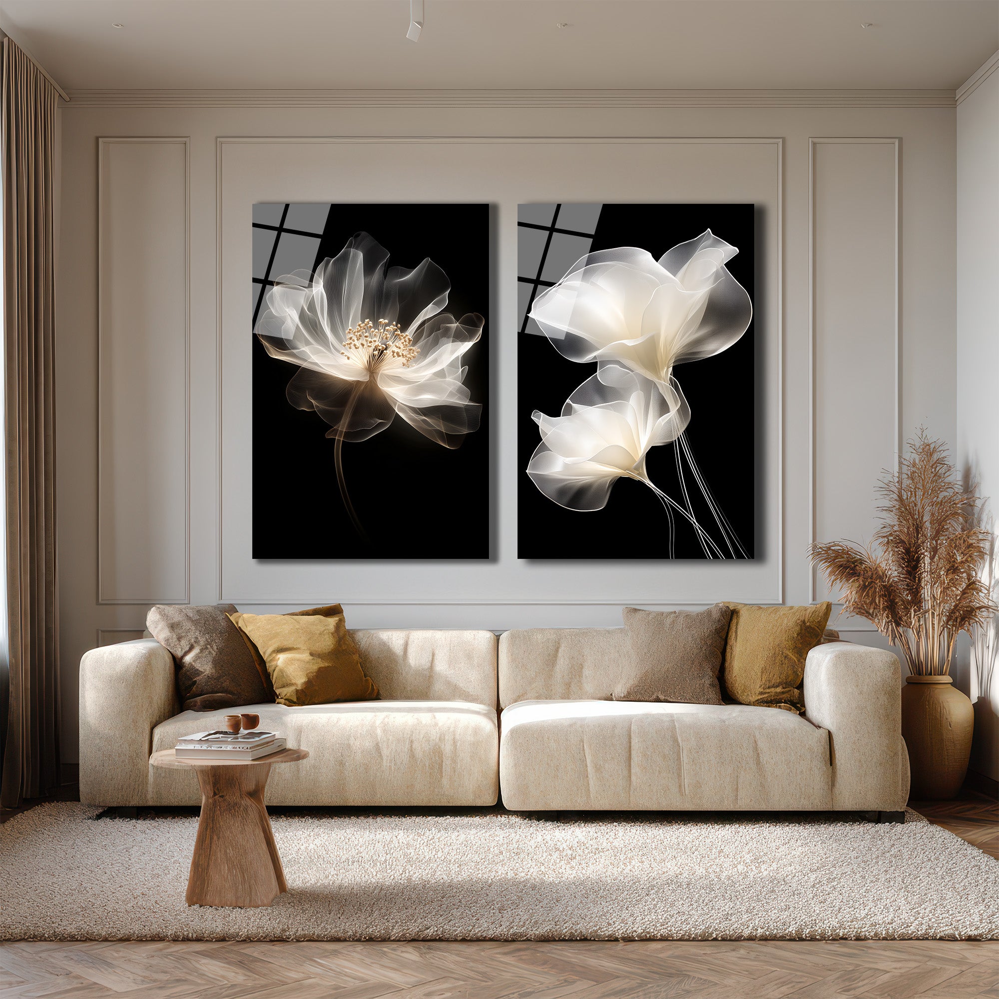Ethereal Çiçekler Cam Tablo Seti | Modern Şeffaf Sanat