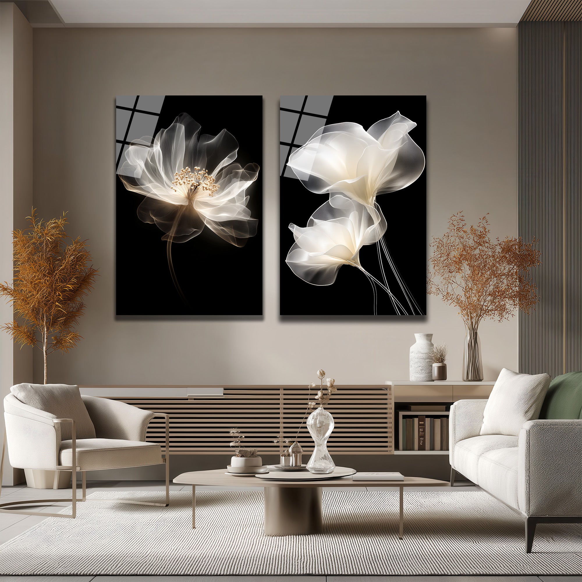 Ethereal Çiçekler Cam Tablo Seti | Modern Şeffaf Sanat
