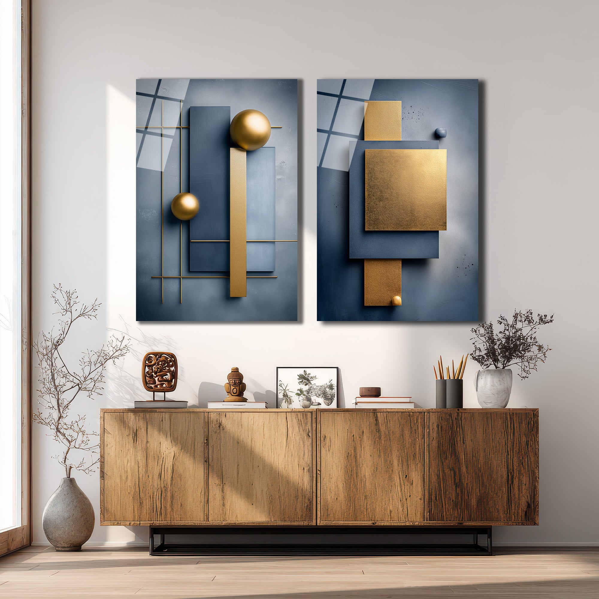 Modern Mavi ve Altın Geometrik Soyut Cam Tablo İkili Set