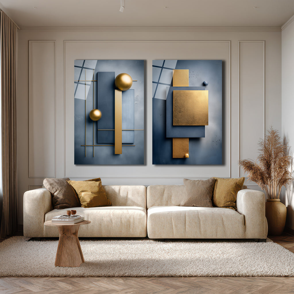 Modern Mavi ve Altın Geometrik Soyut Cam Tablo İkili Set