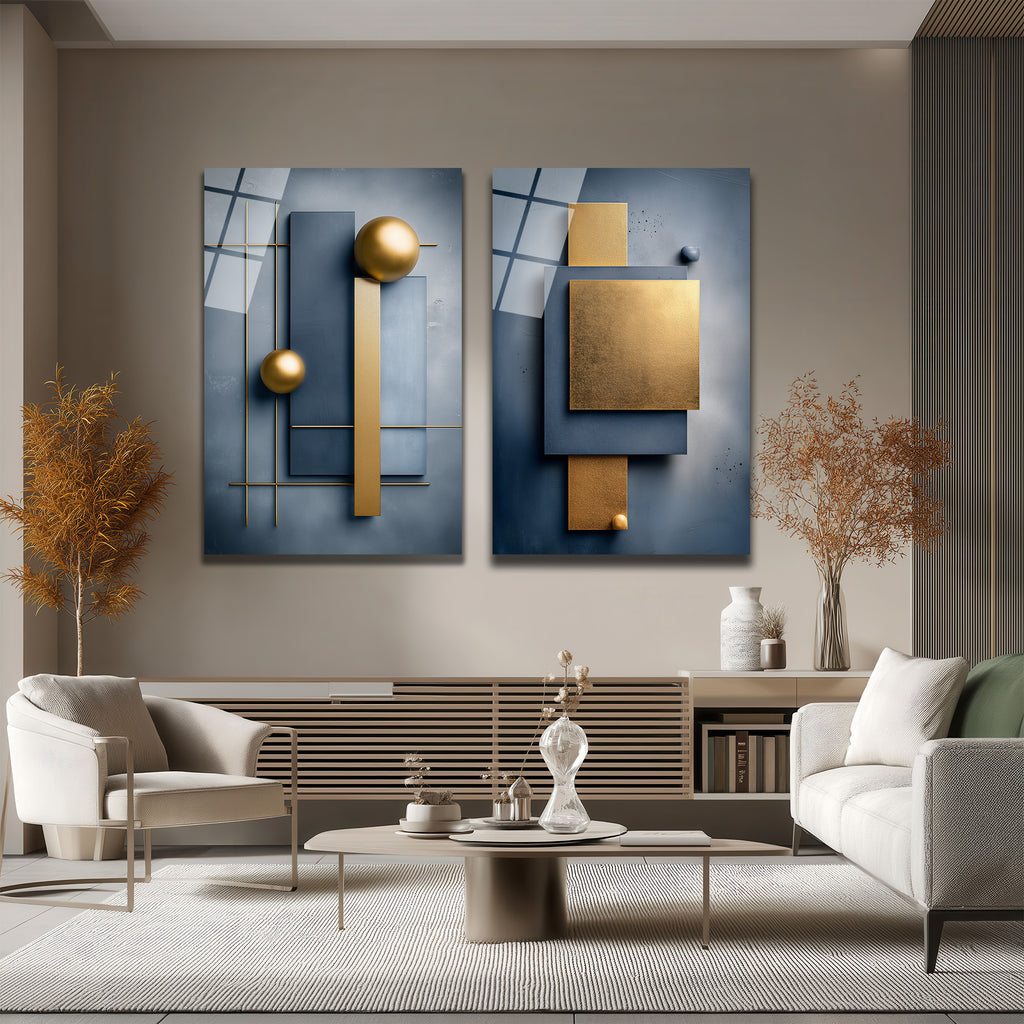 Modern Mavi ve Altın Geometrik Soyut Cam Tablo İkili Set