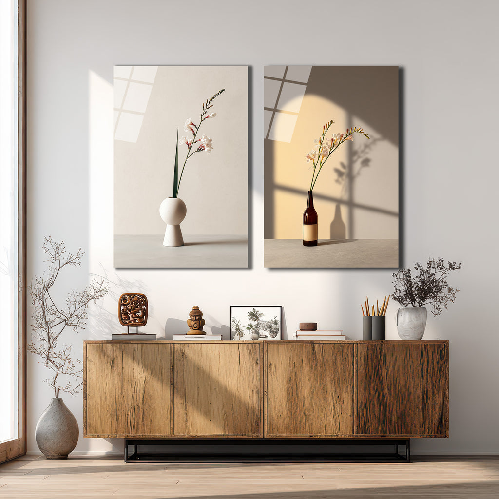 Minimalist Çiçekler İkili Modern Cam Tablo Seti
