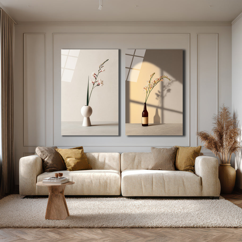 Minimalist Çiçekler İkili Modern Cam Tablo Seti